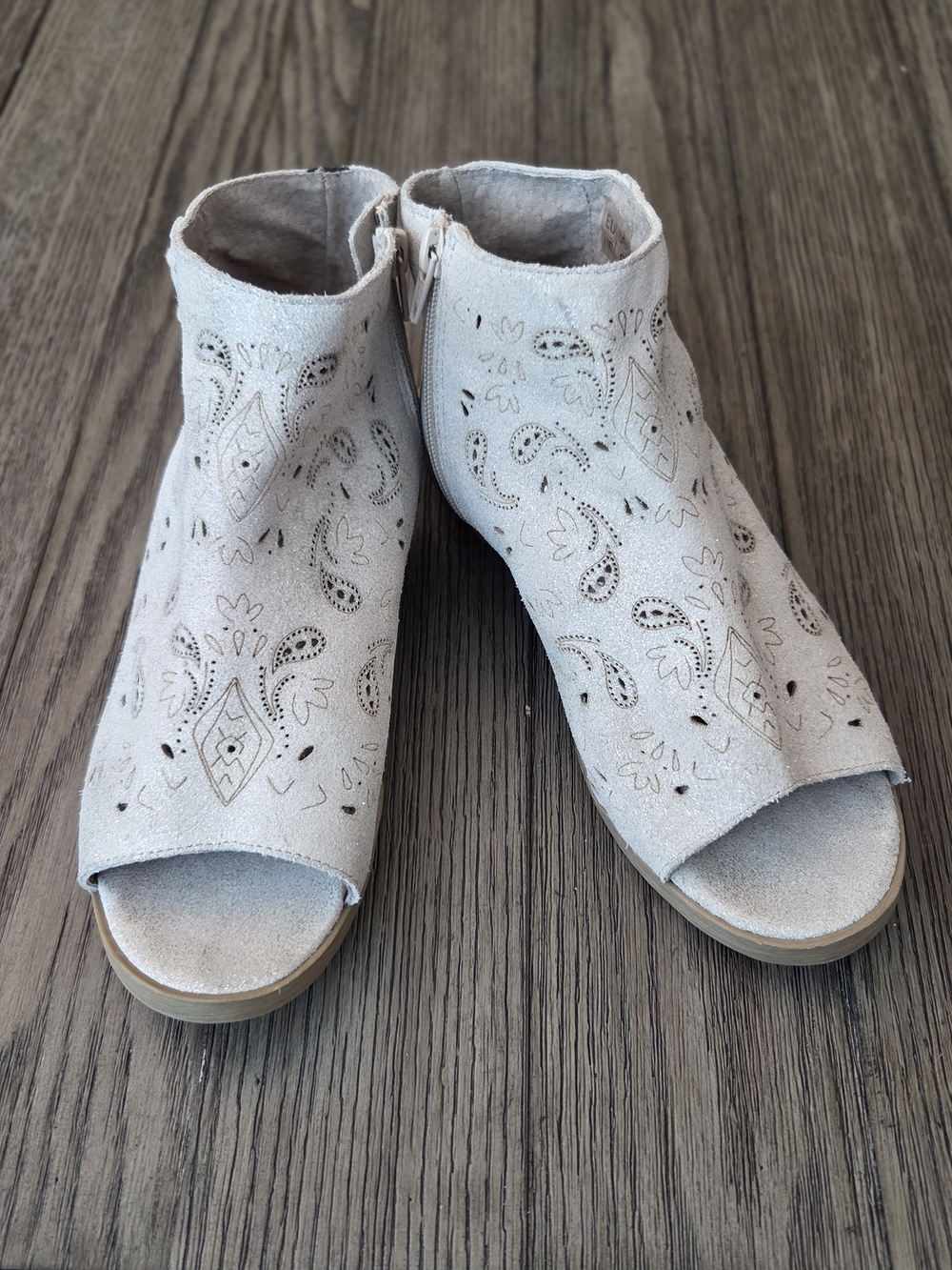 Coolway Nelia Suede Laser Cut Open Toe Booties Beige